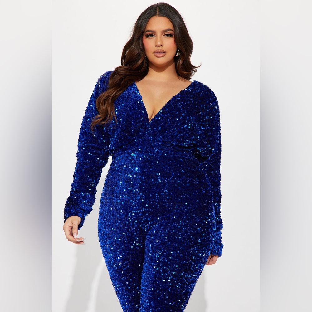 Fashion Nova Royal Blue Sequin Jumpsuit Sz 1x worn once lightly